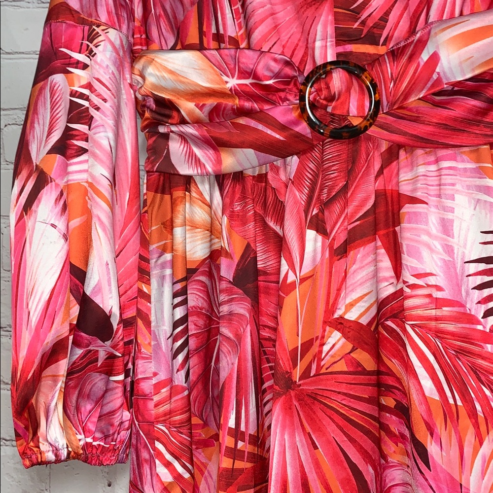 Boston Proper Retro Pink and Red Palm Leaf Long Sleeve Maxi Dress Size 6 - Picture 5 of 6